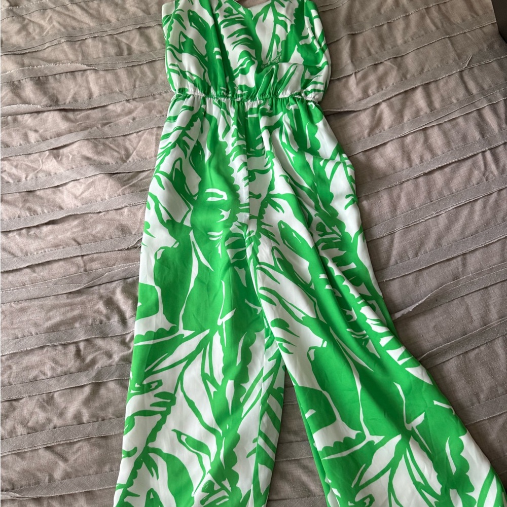 Lilly Pulitzer Green&White Tropical leaf Jumpsuit Wide leg Pockets Resort wear